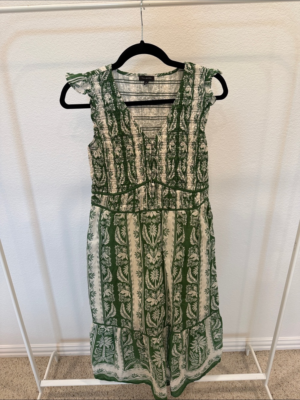 Talbots Green and Cream Floral-Print Sleeveless Midi Dress